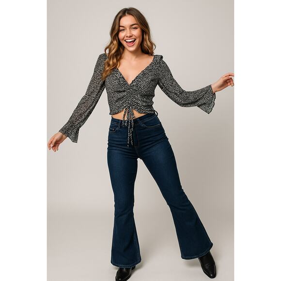 ILLA ILLA L Top Womens Large Black White Ruched Long Sleeve Sheer Smocked Blouse - Picture 1 of 8